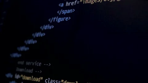 4K Close-up shot HTML tag code on PC Monitor scroll down. Background Stock Footage 219465333