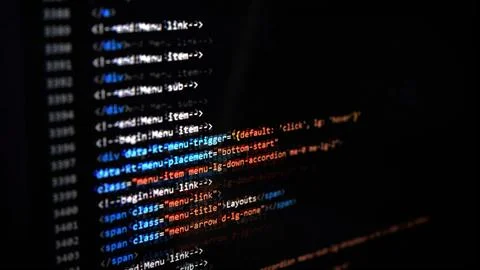 4K Close Up Shot HTML Tag Code on PC Monitor Stock Photos