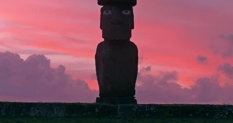 4K Close shot of Moai statues at sunset, Easter Island Stock Footage 96587845