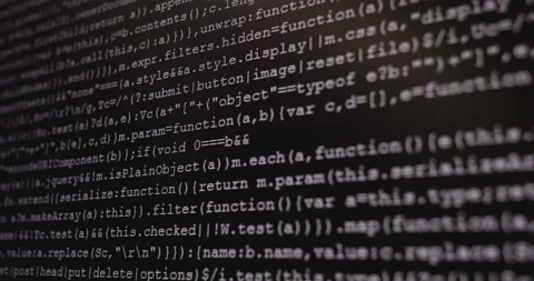 4K Close up shot programming tag code on PC Monitor scroll down. Background c Stock Footage 170825464