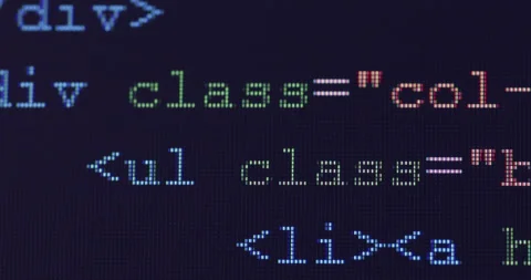 4K Close up shot programming tag code on PC Monitor scroll down. Background c Stock Footage 170826686