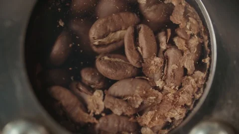 4K, close up slow motion mixing roasted coffee beans in roaster machine Video stock 88745244