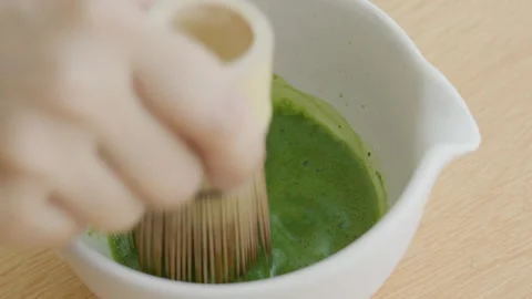 4K Close up slow motion relaxing weekend lifestyle, making homemade matcha Stock Footage 341170297