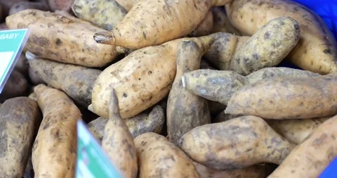 4k close up sweet potatoes stacking up at the supermarket grocery store. Vidéo 280533543