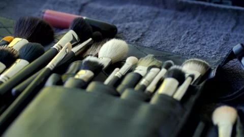 4K close-up video of makeup brushes in a MUA studio Stock Footage 277917288