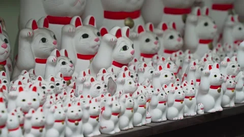 4k A close-up view of many multi-sized white beckoning cat figure of Maneki neko Stock Footage 329451124