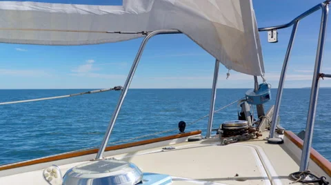 4K Close Up View of Sailboat Bow, Beautiful Blue Water Horizon, Boat Cruising Stock Footage 67996131