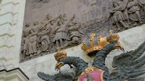 4k, Close-up view of the sculpture of the double-headed eagle, coat of arms Stock Footage 278408425