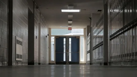 4K- Closed Highschool with Doors Locked and Chained Up with Lockers Stock Footage
