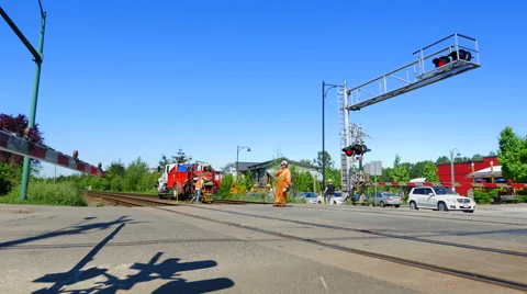 4K Closed Train Track Road Crossing, Signs Down Wide Angle Stock Footage 63748622