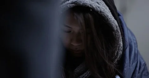 4k, Closeup portrait shot of a young homeless woman. Slow motion. Stock Footage 72739959