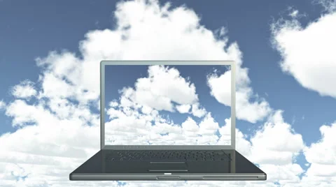 4k Cloud Computer Data Storage,Laptop play video of time lapse clouds,blue sky. Video stock 61233355