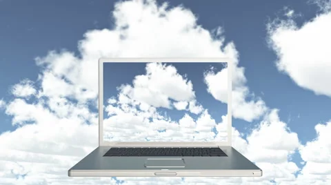 4k Cloud Computer Data Storage,Laptop play video of time lapse clouds,blue sky. Video stock 61233673