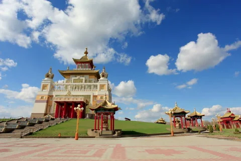 4K. Clouds over the Buddhist temple. Golden Abode of Buddha Shakyamuni in Elista Stock Footage 49626692