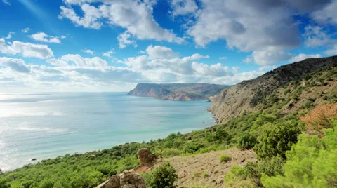 4K. Cloudy sky over the mountains and the sea. Balaklava Stock Footage 32152517