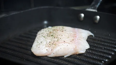 4k Cod Fish Cooking Process, Grilling on Pan Video stock 80972685