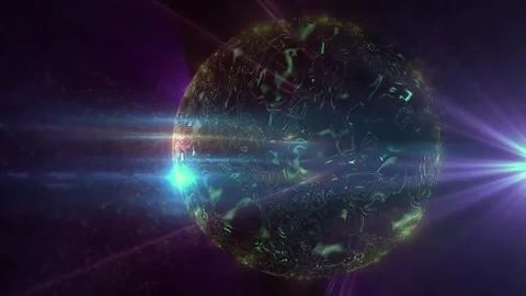 4k colorful lights rays with green metallic ball spinning motion background Video stock 262467004