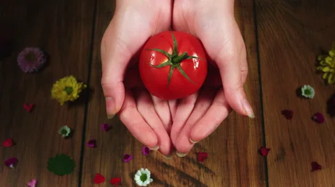 4k Colourful Composition of Fresh Tomato in Hand - Wooden Background Stock Footage 66583521