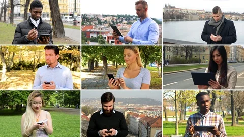 4K compilation (montage) - group of nine people work on devices in various Stock Footage