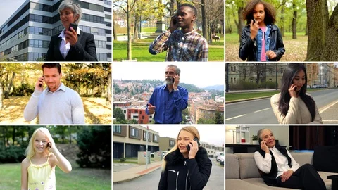 4K compilation (montage) - group of nine people talk on smartphones in various Stock Footage 87408279