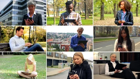 4K compilation (montage) - group of nine people work on devices in various 動画素材 87408632