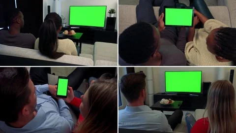 4K compilation (montage) - two couples look at devices with green screen in Video stock 84975944