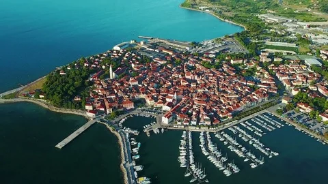 4K Compilation Video. Flight over old town Izola in Slovenia, aerial sunset view Video stock 85355879