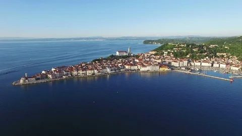 4K Compilation Video. Flight over old city Piran in Slovenia at sunset, aerial. Video stock 85359220