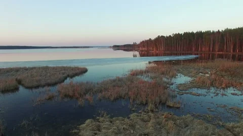 4K Compilation Video. Flight over wild lake in early spring on sunset, aerial. Video stock 85577919