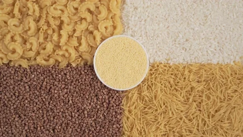 4K. Complex background of rice, buckwheat, vermicelli, couscous. Stock Footage 131184868