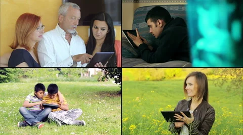 4k composition of scene about people using tablet: children, adults, youth Video stock 40300423