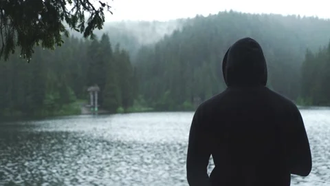 4K concept back-side portrait of young attractive bearded millennial man Stock Footage 141861163