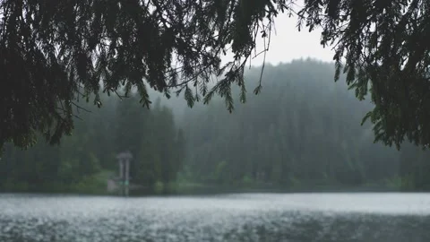 4K Concept view of mountain lake Synevyr in the rain. alpine lake with turquoise Stock Footage 141861131