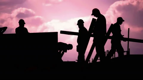 4K, Construction workers silhouette on a sunset Stock Footage 53223946