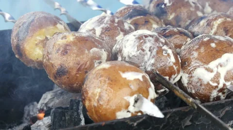 4k, cooking potatoes on the brazier, close up 1 Stock Footage 65995989