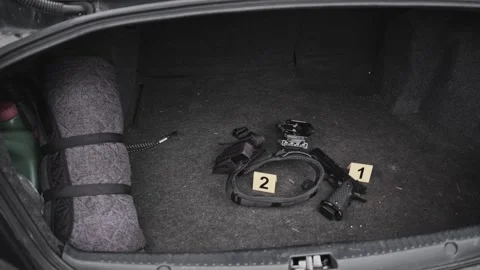 4k Crime Shot of Tools and Weapons in the Car Boot Stock Footage 321865518