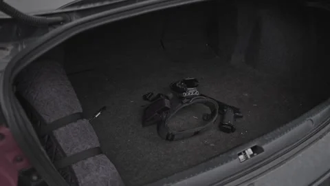 4k Crime Shot of Tools and Weapons in the Car Boot Stock Footage 321865519