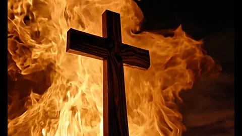 4K Cross in Front of Flames at Night, Cinematic Burning Fire in 4K Stock Footage 278683286