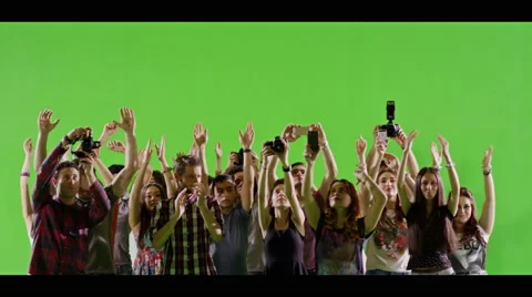 4K Crowd of fans and paparazzi on green screen. Slow motion. Stock Footage