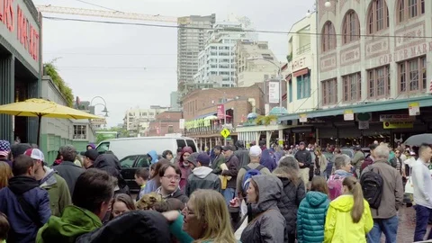 4K Crowd out front of Pikes Place Market in Seattle Washington during day Stock Footage 73502843