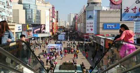4k Crowd Of People walking on china business street,Tourist take the elevator. Stock Footage 61729068