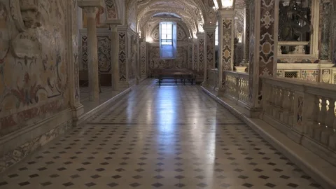 4K Crypt Medieval Cathedral Vertical Pan Stock Footage 90987971