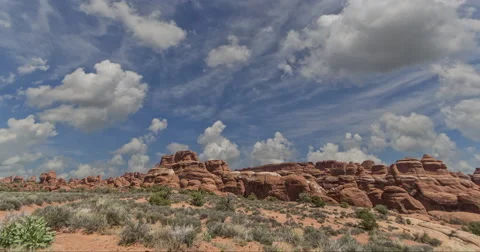 4K Cumulus Clouds Timelapse Fiery Furnace in Arches National Park Cloudscape Stock Footage 65237301