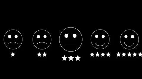 4K Customer feedback rating scale with emoticon faces and star levels on BG. Vidéo 334098382