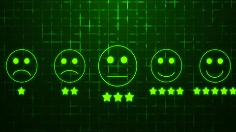 4K Customer feedback rating scale with emoticon faces and star levels on a BG. Stock Footage 334706057