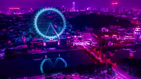 4K Cyberpunk‑Style Timelapse, Magic Ferris Wheel Landmark, Zhongshan Guangdong Vídeo Stock 344678224