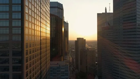 4K Dallas Skyline Night Drone Aerial Sunset Yellow Reflection Skyscraper Stock Footage 105381257