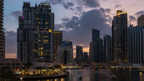 4k Day to Night Hyperlapse of Dubai Marina on Emreef St Bridge Stock Footage