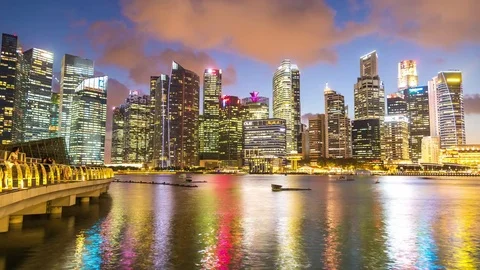 4K Day to night Time-lapse: Singapore Cityscape Marina Bay Stock Footage 74220801