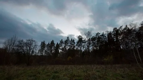 4k from day to night time-lapse of evening sky over forest and meadow in autumn Stock Footage